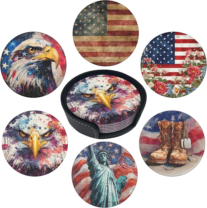 America Coasters Leather Round Drink Coasters 6 Pcs Set by Yopiiefa