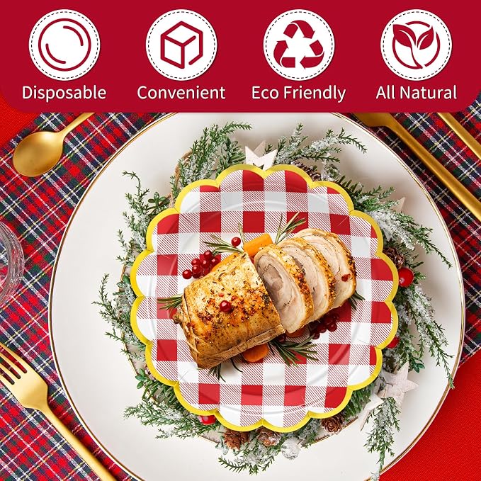50 Pcs Red Gingham Paper Plates Disposable, Dessert Cake Plates, - Image 4