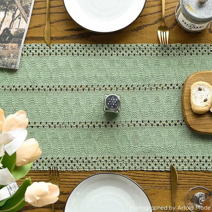 Artoid Mode Light Green Woven Farmhouse Hollow Table Runner 12x90 Inch | - Image 3