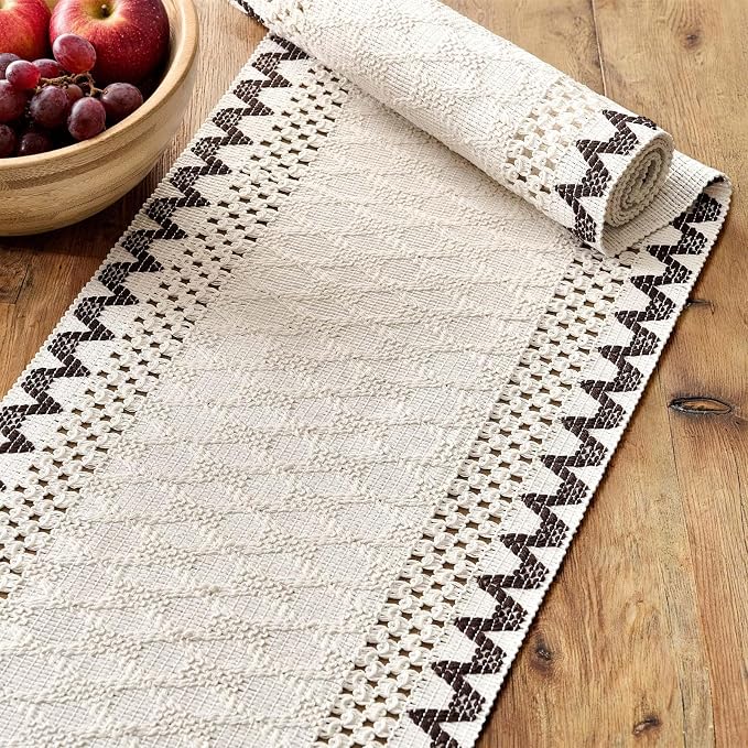 Macrame Side Trim Boho Woven Table Runner, Chocolate 12x108 Inch | Crochet - Image 4