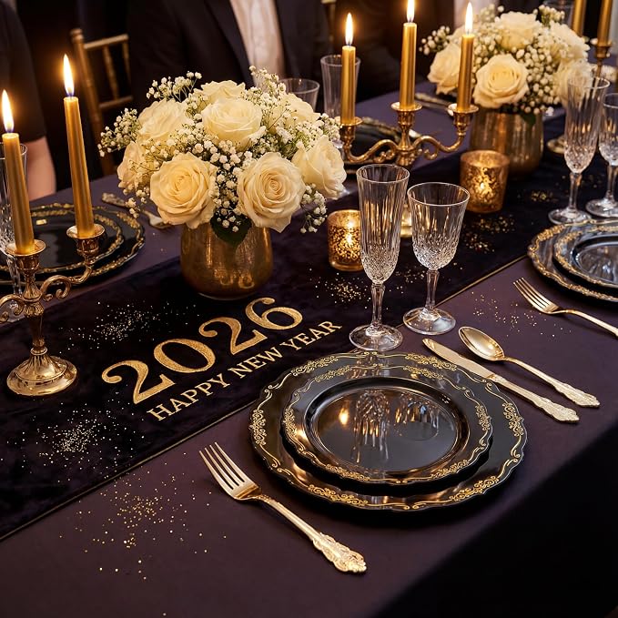 U-QE 100PCS Black and Gold Plastic Plates - Image 3