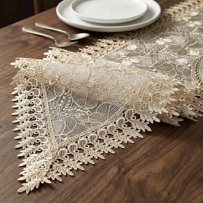 SIOLOC 2 Pack Champagne Lace Runner 14x48, Floral Embroidered | Matching - Image 5