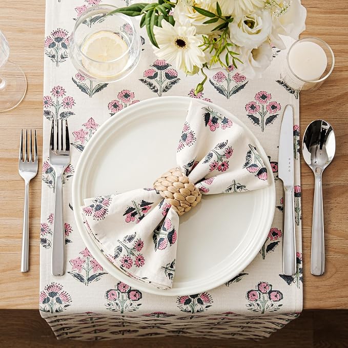 Block Print Floral Decorative Table Runners, 13x90 Inch Pink | 100% Organic - Image 3