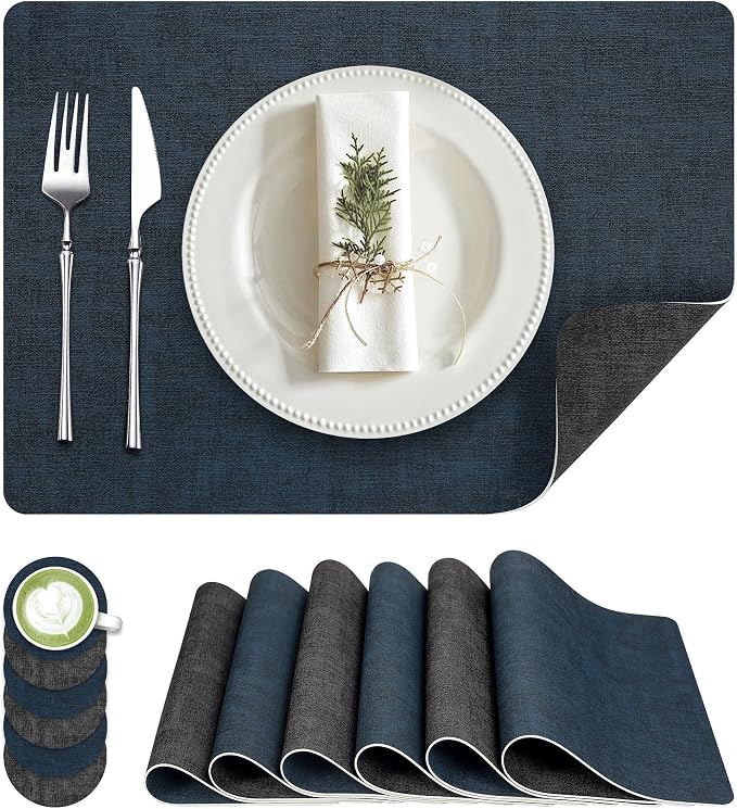 Fyvva Placemats Set of 6 Wipeable Reversible Faux Leather by Fyvva