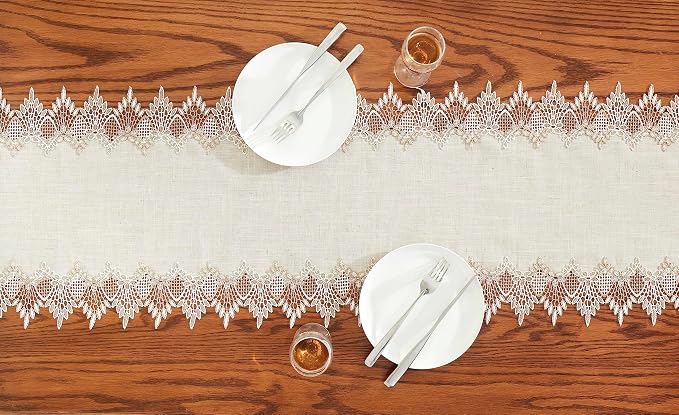 Natural Linen Table Runner 90 inches Beige Lace Coffee Table Runners | French - Image 6