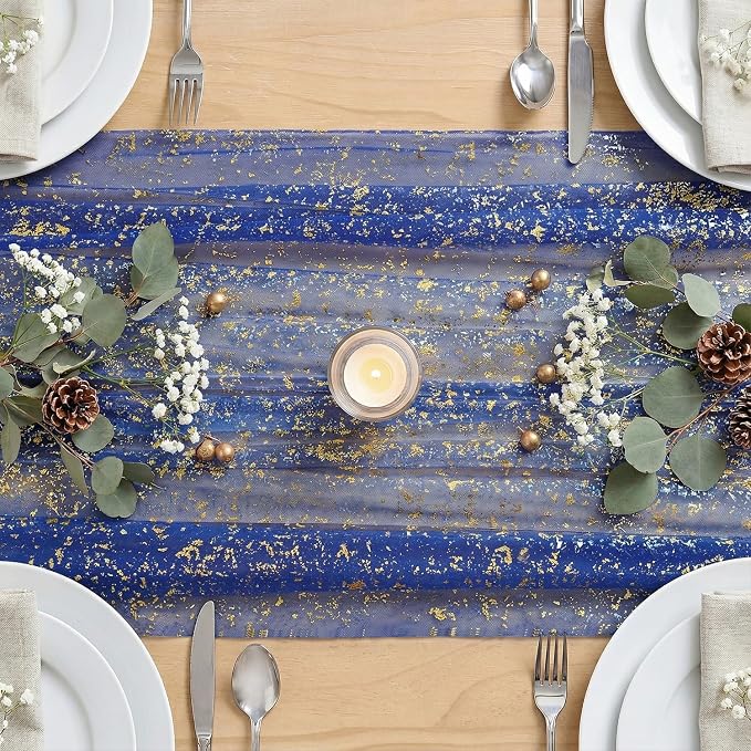Artoid Mode Blue Gold Gauze Table Runner 59x120 Inch 10FT, Glitter Metallic - Image 4