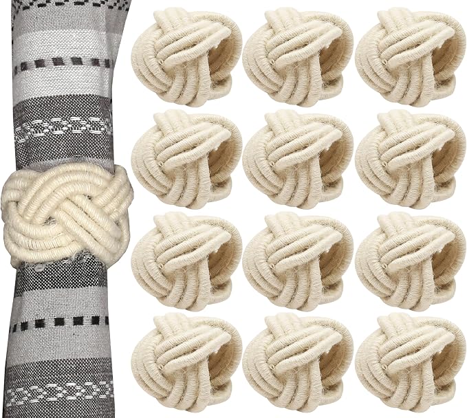 Cotton Jute Napkin Rings, Off White | Handwoven knot design, farmhouse boho by CLEENTABLE