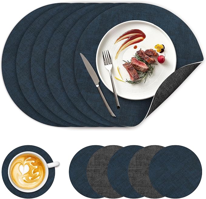 NCUE 13" Faux Leather Round Placemats Set of 6, Reversible Dual-Color | by NCUE