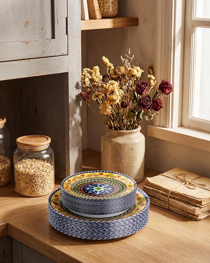 Yellow Plastic Plates, Boho Plates, layered circle red/yellow accents. Durable - Image 9