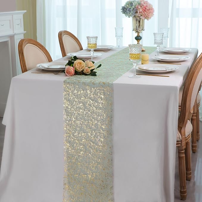 Snowkingdom Sage Green Table Runner 2PCS 11 x 108 Inch Metallic Foil Sequin - Image 5