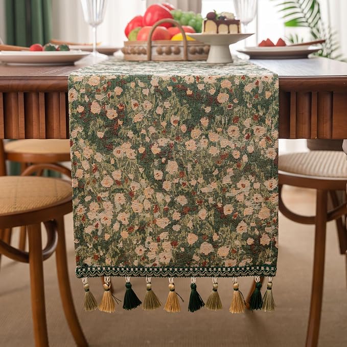 Ditsy Floral Table Runner Daisy Green 13 x 86 Inch | Jacquard Weave Pattern - Image 2