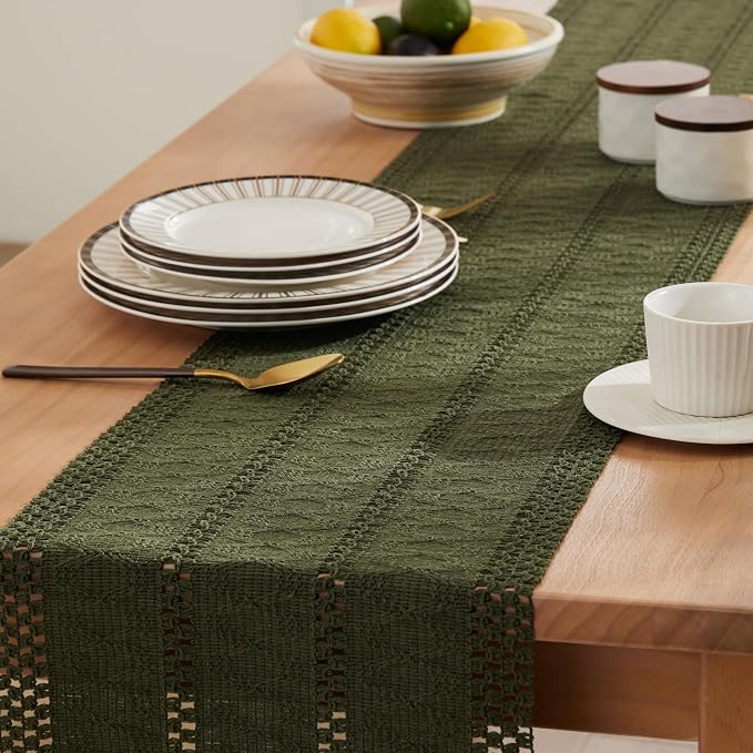 Macrame Style Boho Table Runner, 12x90 Inch Olive | Woven Boho Table Runner - Image 5