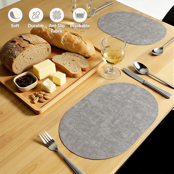 Placemats Set of 8, 11.8 x 17 Inch, Light Grey | Heat Resistant Oval Faux - Image 6