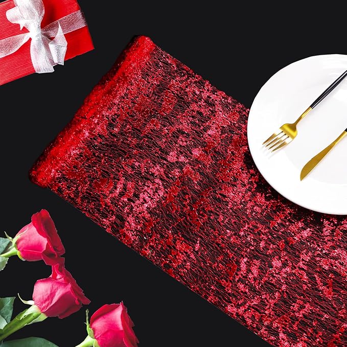 Snowkingdom Red Sparkly Table Runner Sequin Glitter Metallic Foil Mesh Runner - Image 4