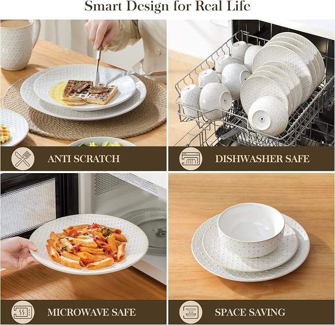 MALACASA 16 Pieces Dinnerware Set, Farmhouse Style Stoneware Plates and Bowls - Image 4