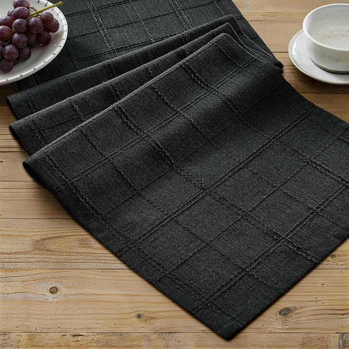 Linen Checked Farmhouse Table Runner, 13x90 Inches Black | Raised Grid Design by ZEEMARTONLINE
