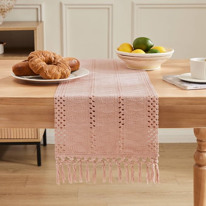 Macrame Style Boho Table Runner, 12x108 Inch Light Pink | Woven Boho Table - Image 2
