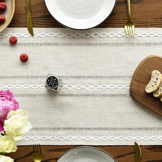 Artoid Mode Beige Rustic Cotton Linen Table Runner, Seasonal Embroidered Hollow - Image 2