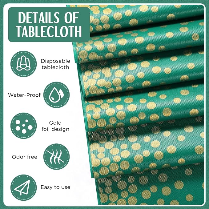 24 Pack Green and Gold Disposable Plastic Tablecloths and Satin Table Runner Set - Image 4
