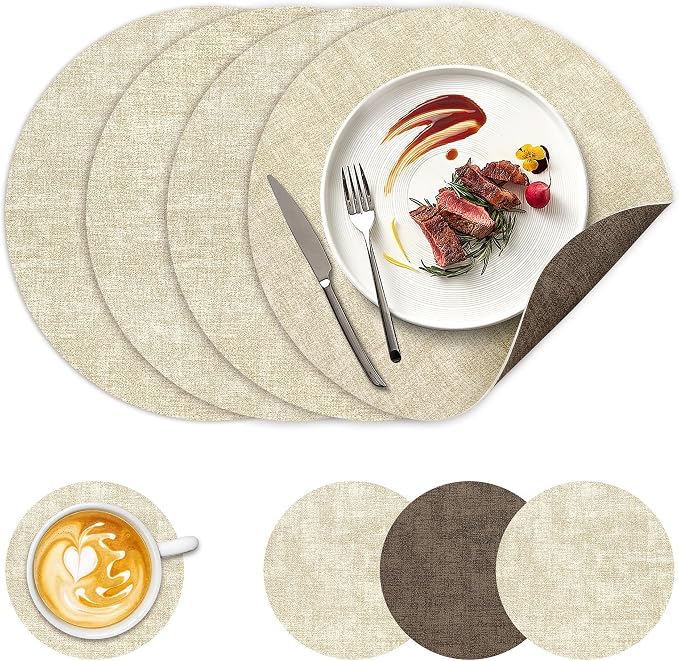 NCUE 13" Faux Leather Round Placemats Set of 4, Reversible Dual-Color | by NCUE