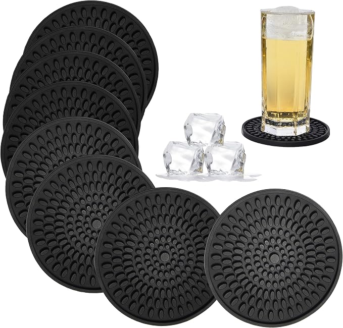 Silicone Coasters for Drinks Absorbent Rubber Coaster Set of 8 Black | Large by KindGa