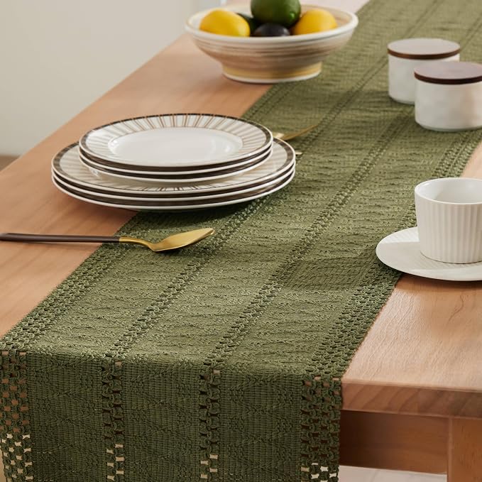 Macrame Style Boho Table Runner, 12x72 Inch Moss | Woven Boho Table Runner - Image 5