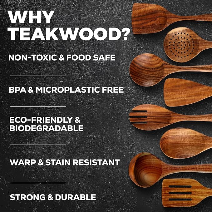 Zulay Kitchen 12-Piece Teak Wooden Utensils - Image 4
