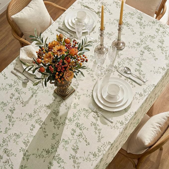 jinchan Green Farmhouse Floral Linen Rectangle Table Cloth 52 x 70 Inch | Soft - Image 4