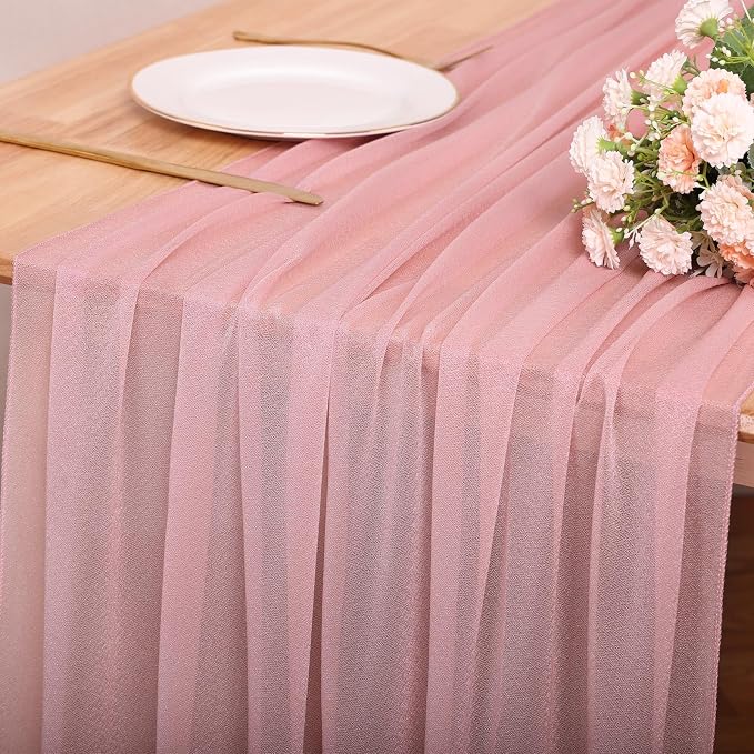 4 Pcs 10FT Dusty Rose Chiffon Table Runners 30x120 Inches Boho Tulle Fabric - Image 4
