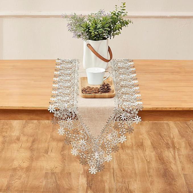 Natural Beige Floral Lace Table Runner Dresser Scarf | Dresser Scarf, Wedding & - Image 2