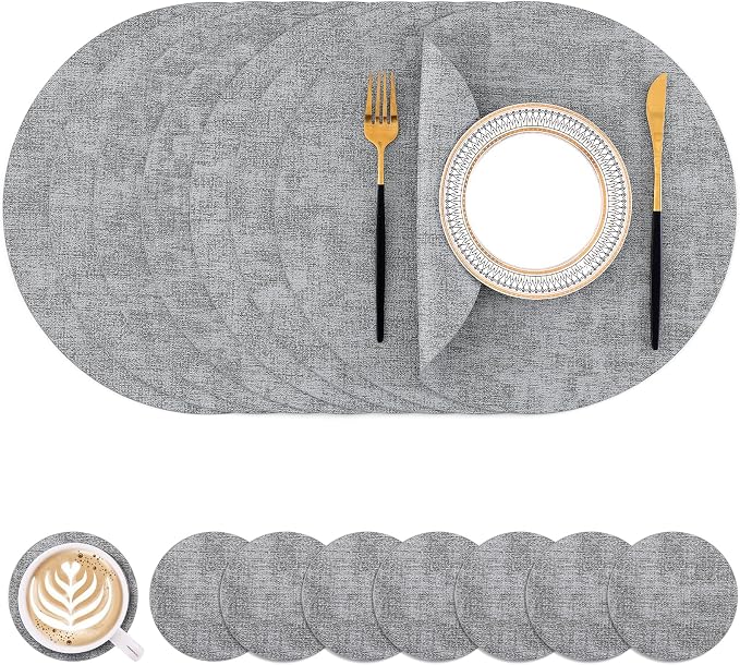 Homaxy Round Faux Leather Placemats and Coasters, Light Grey | Washable by Homaxy