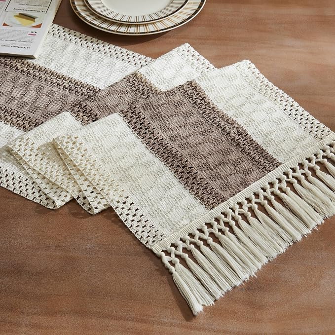 Macrame Style Bicolor Stitching Table Runner 14x48in Cocoa Brown | Woven Boho by ZEEMARTONLINE