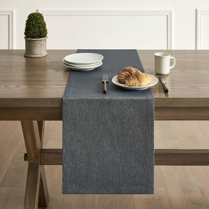 Basic Linen Style Table Runner, 14x90 Inch Charcoal | Mitered Corner Design - Image 2