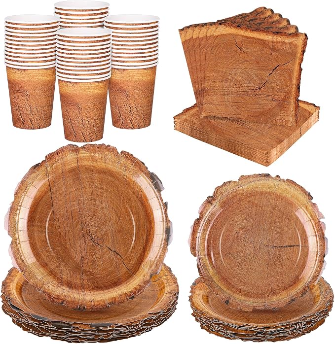 Kochorie 96 Pieces Wood Grain Slice Tableware Sets Rustic Wood Party Supplies by Kochorie