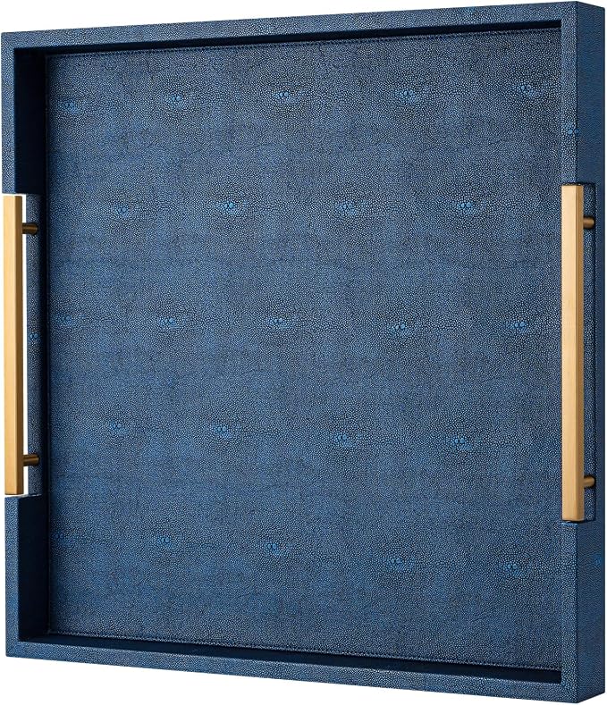 Navy Blue Faux Leather Large Square Decorative Serving Tray by SYYSY