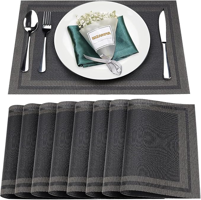 Placemats Set of 8, Vinyl Woven Black Non Slip Table Mats | Heat Resistant by BxzanDya-LifeSmartMaker