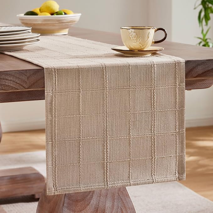 Linen Checked Farmhouse Table Runner, 13x90 Inches Taupe | Raised Grid Design - Image 4