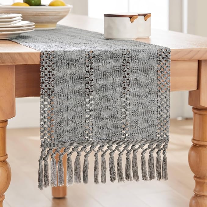 Macrame Style Boho Table Runner, 12x90 Inch Grey | Woven Boho Table Runner - Image 7