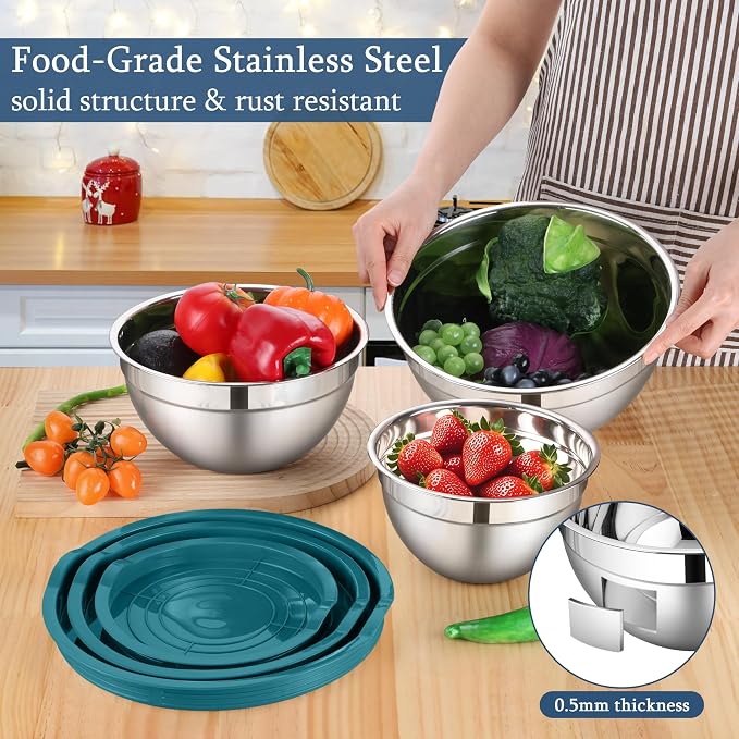 LIANYU Mixing Bowls Set with Lids, Stainless Steel Kitchen Bowls Set of 3 | - Image 3