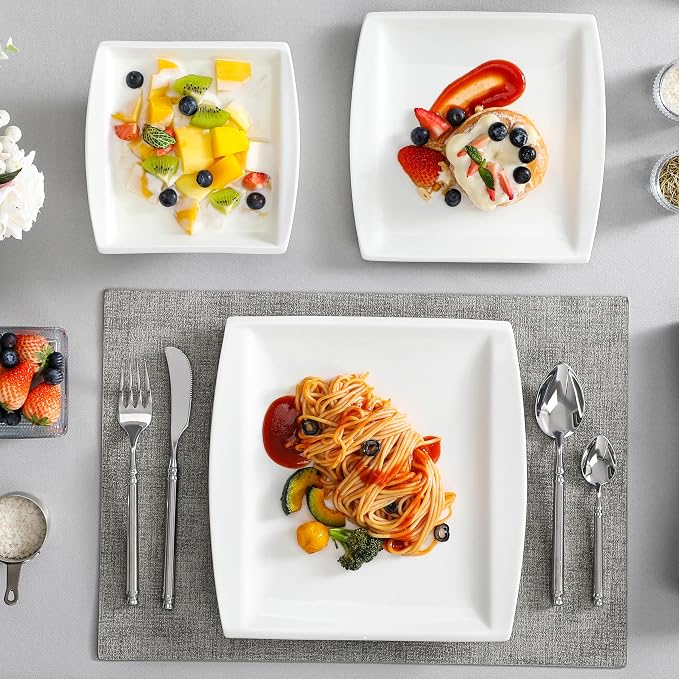 MALACASA 30 Piece Porcelain Dinnerware Set, Square Plates and Bowls - Image 7