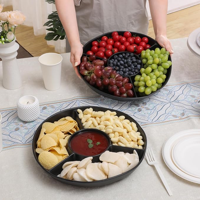 Chip & Dip Serving Tray Set, 4 Sectional Round Melamine Serving Platter - Image 2