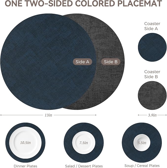 NCUE 13" Faux Leather Round Placemats Set of 6, Reversible Dual-Color | - Image 4