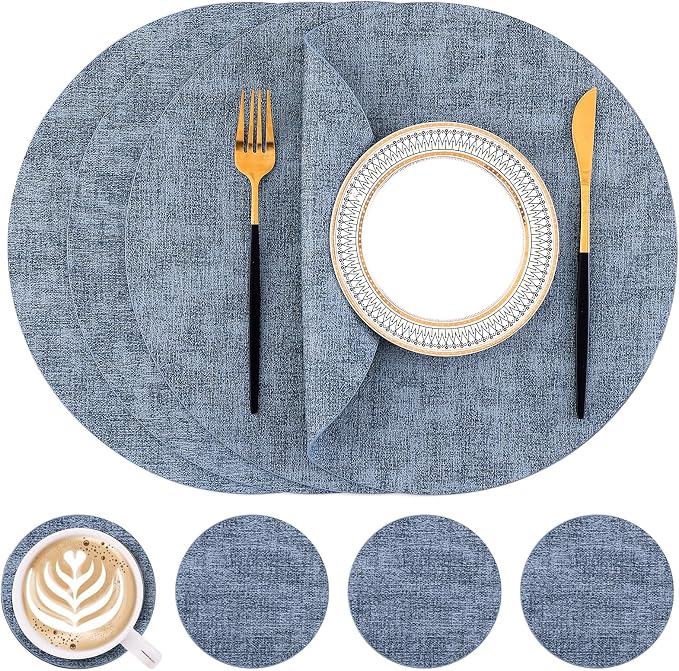 Homaxy Round Faux Leather Placemats and Coasters, Wipeable Place Mats, by Homaxy