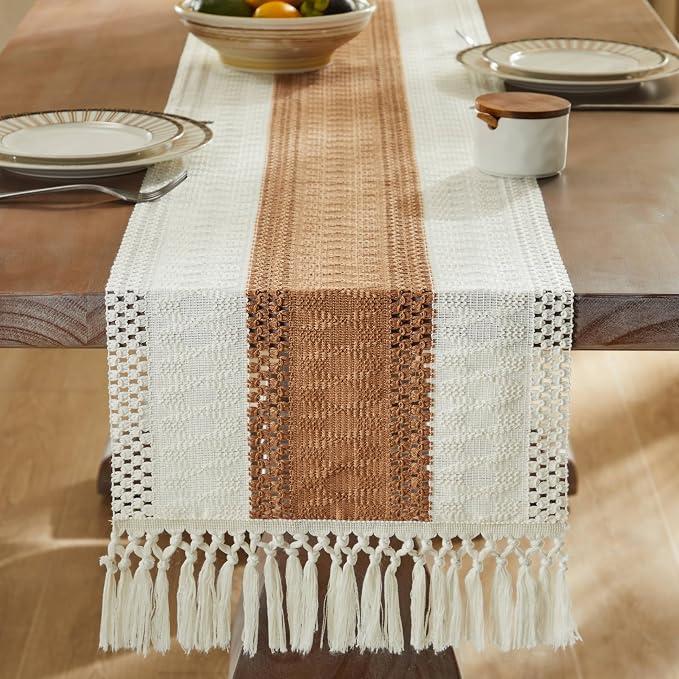 Macrame Style Bicolor Stitching Table Runner 14x108in Caramel | Woven Boho - Image 3