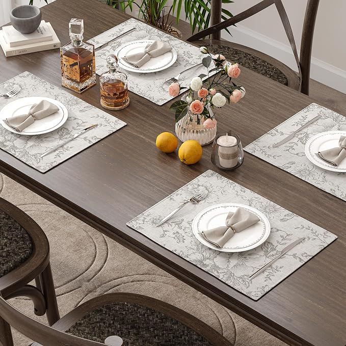 JINCHAN Alice Linen Floral Placemats Set of 4 Farmhouse 13x19 Inch Grey | - Image 5