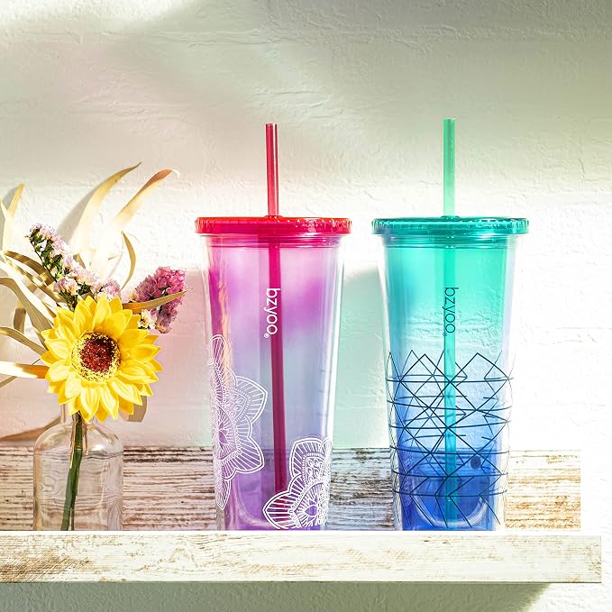 bzyoo 24oz Plastic Tumbler Cup, Lid & Straw, Iced Coffee, Spidy Blue - Image 9