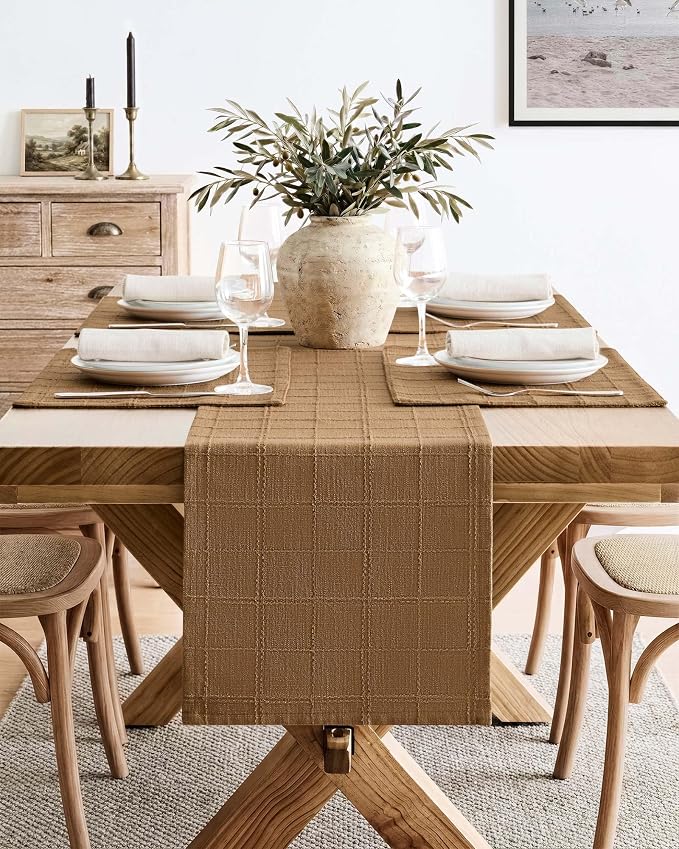Linen Checked Farmhouse Table Runner, 13x60 Inches Roasted Brown | Raised Grid - Image 2