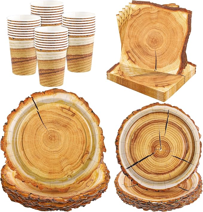 Kochorie 96 Pieces Camping Wood Grain Slice Tableware Set Rustic Wood Party by Kochorie