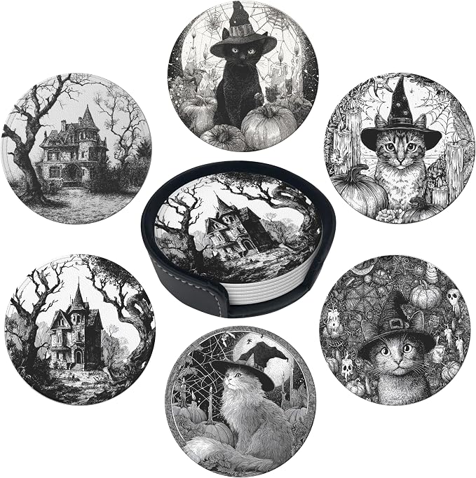Halloween Cat Coasters Leather Round Drink Coasters 6 Pcs Set by Yopiiefa