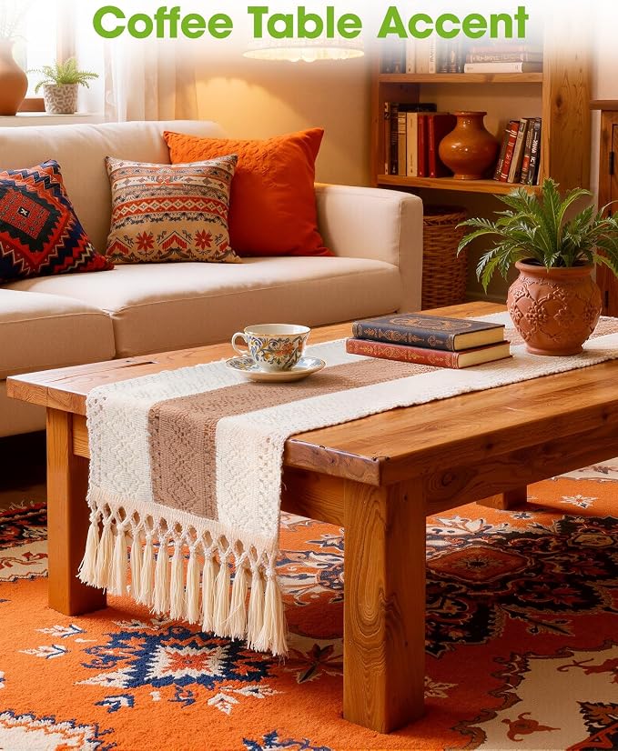 Pureegg Boho Table Runner 12 x 36 Inch, Woven Tassel Design | Dining Table - Image 7